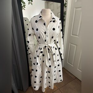 New York & Company Black and White Polka Dot Long Sleeve Dress